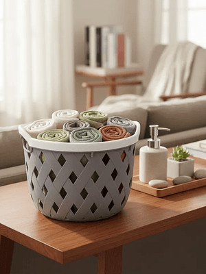 Cesto Canasto Plástico Redondo Tejido Gris 24x29.5cm Con Asas