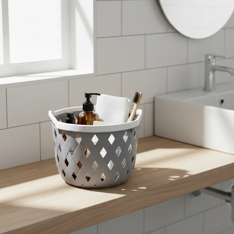 Cesto Canasto Plástico Redondo Tejido Gris 24x29.5cm Con Asas 6