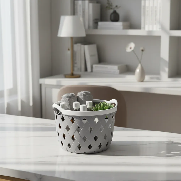 Cesto Canasto Plástico Redondo Tejido Gris 24x29.5cm Con Asas 9