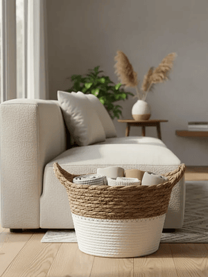 Set 3 Canastos Cestas Mimbre Decorativo Fibra Natural Bicolor