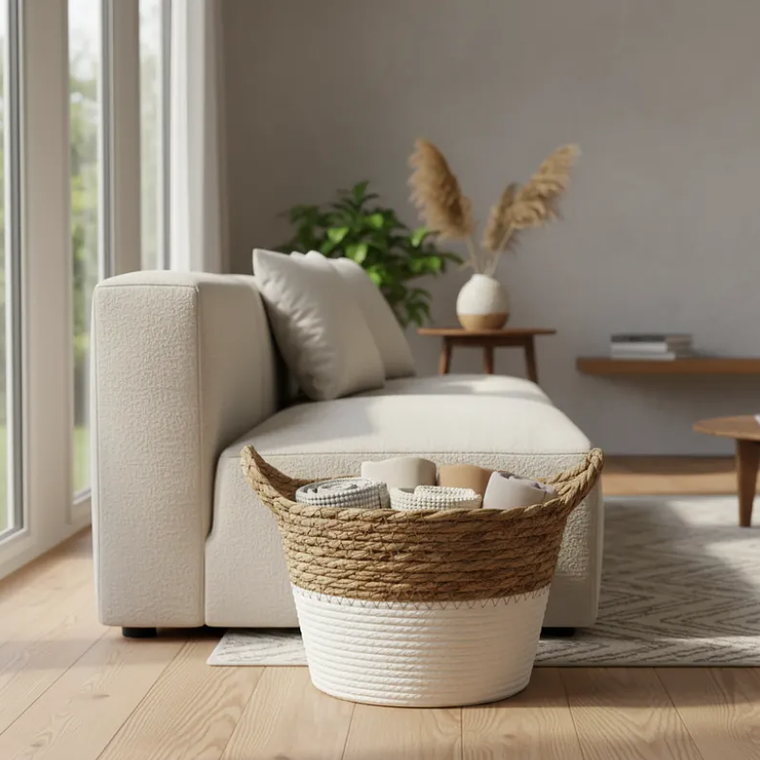 Set 3 Canastos Cestas Mimbre Decorativo Fibra Natural Bicolor 1