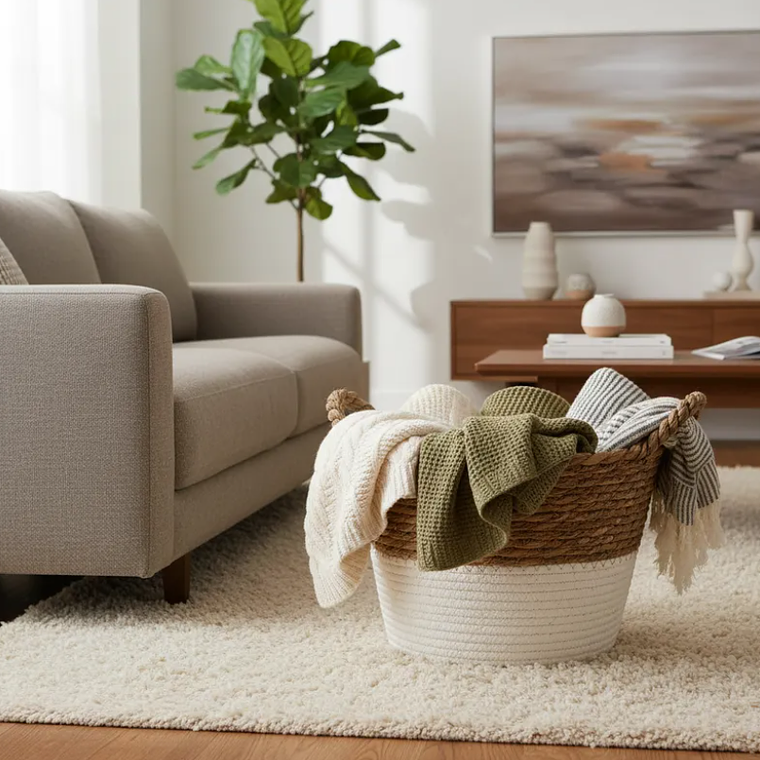 Set 3 Canastos Cestas Mimbre Decorativo Fibra Natural Bicolor 3