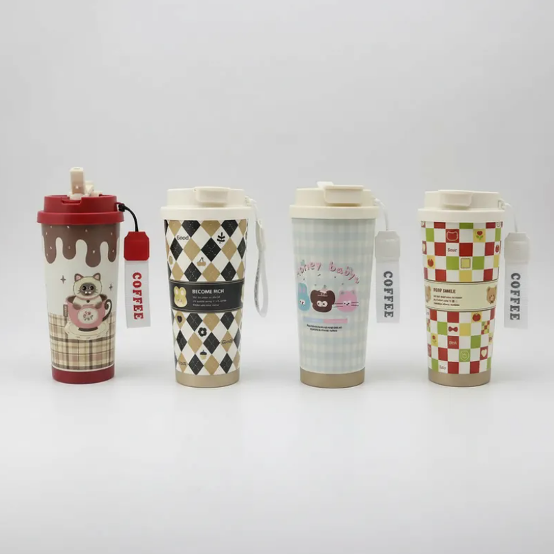Vaso Térmico Mug Kawaii Para Café Con Tapa Y Correa Diseños 2