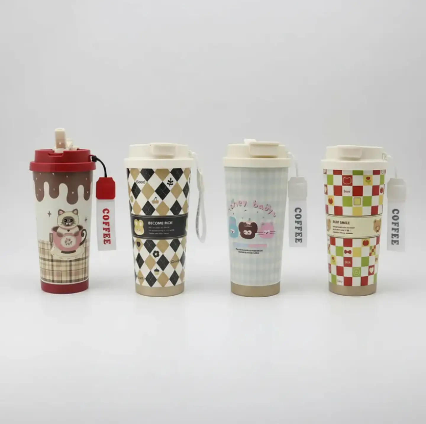 Vaso Térmico Mug Kawaii Para Café Con Tapa Y Correa Diseños 2