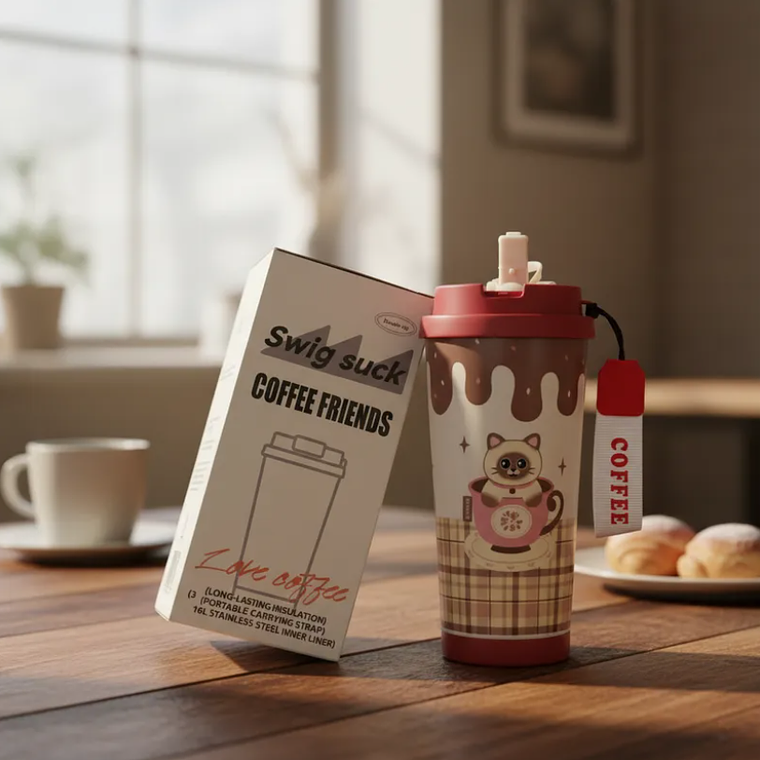 Vaso Térmico Mug Kawaii Para Café Con Tapa Y Correa Diseños 3