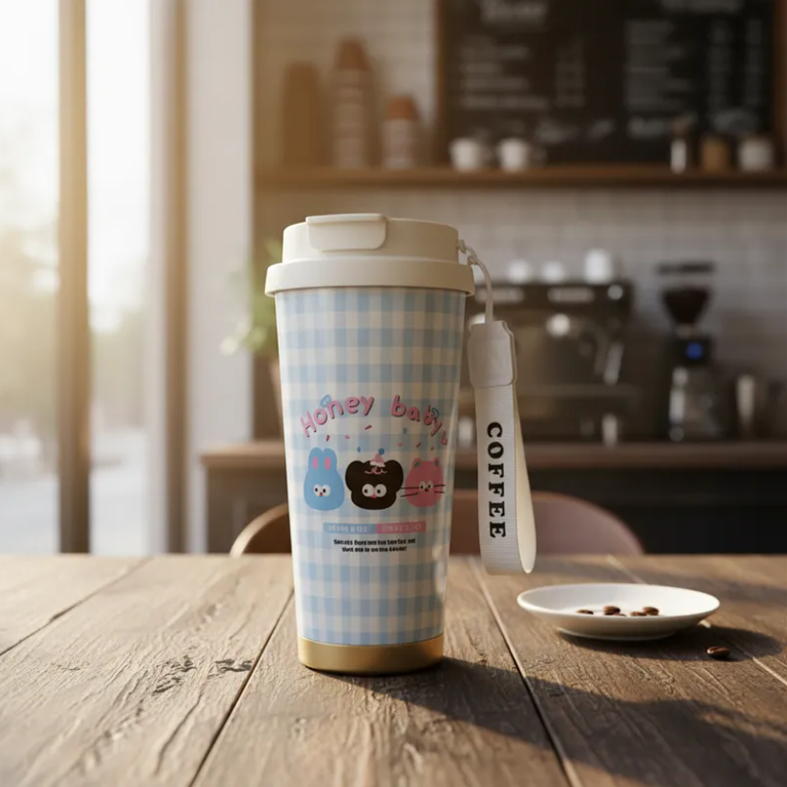 Vaso Térmico Mug Kawaii Para Café Con Tapa Y Correa Diseños 4