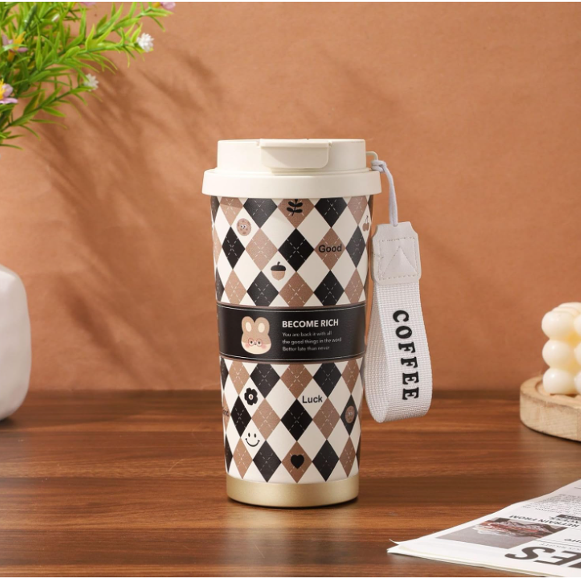 Vaso Térmico Mug Kawaii Para Café Con Tapa Y Correa Diseños 6