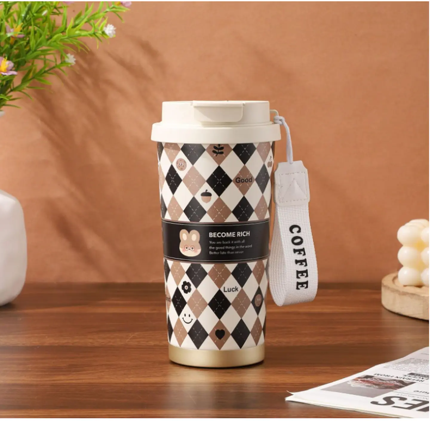 Vaso Térmico Mug Kawaii Para Café Con Tapa Y Correa Diseños 6