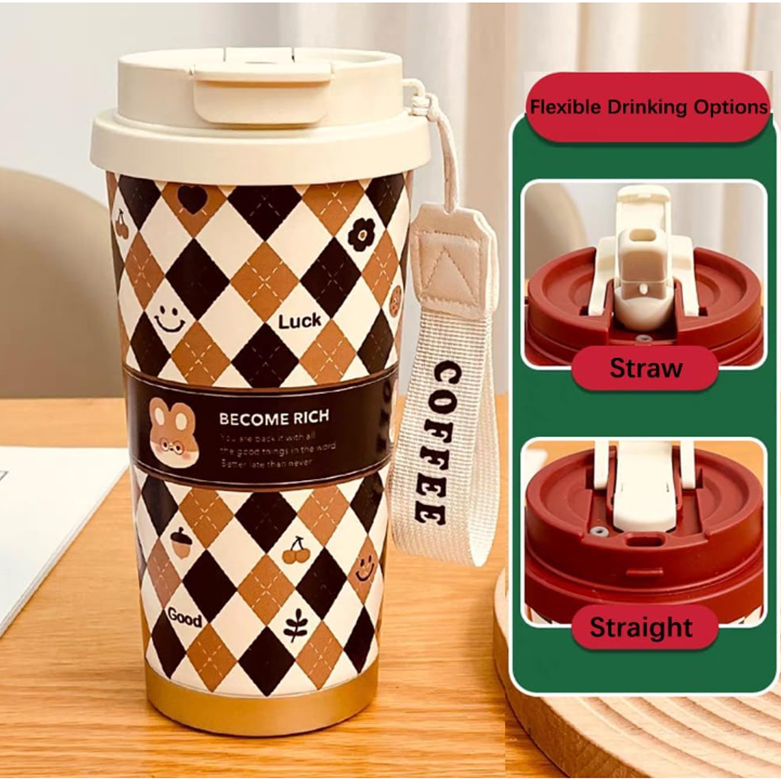 Vaso Térmico Mug Kawaii Para Café Con Tapa Y Correa Diseños 7