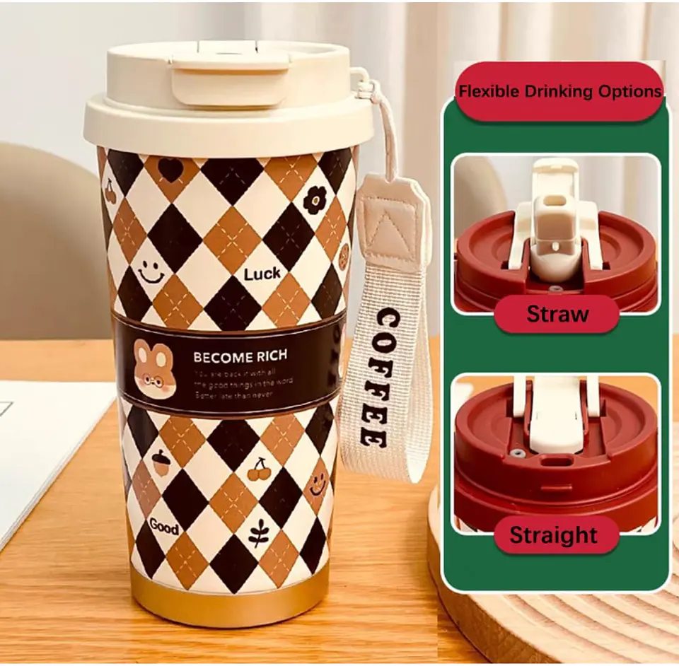 Vaso Térmico Mug Kawaii Para Café Con Tapa Y Correa Diseños 7