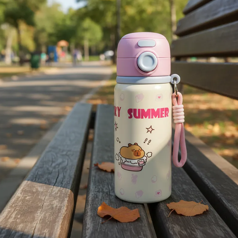 Botella Térmica Infantil Acero Inoxidable Con Bombilla Kawaii 4