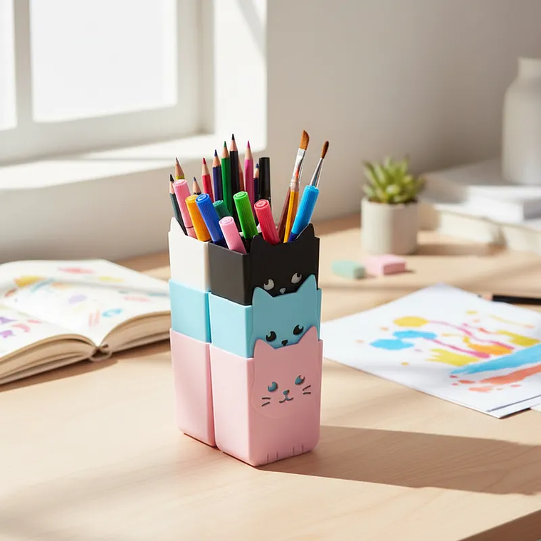 Set x 4 Portalápices Organizador Gato Kawaii 6.8x11.5cm Colores Surtidos 3