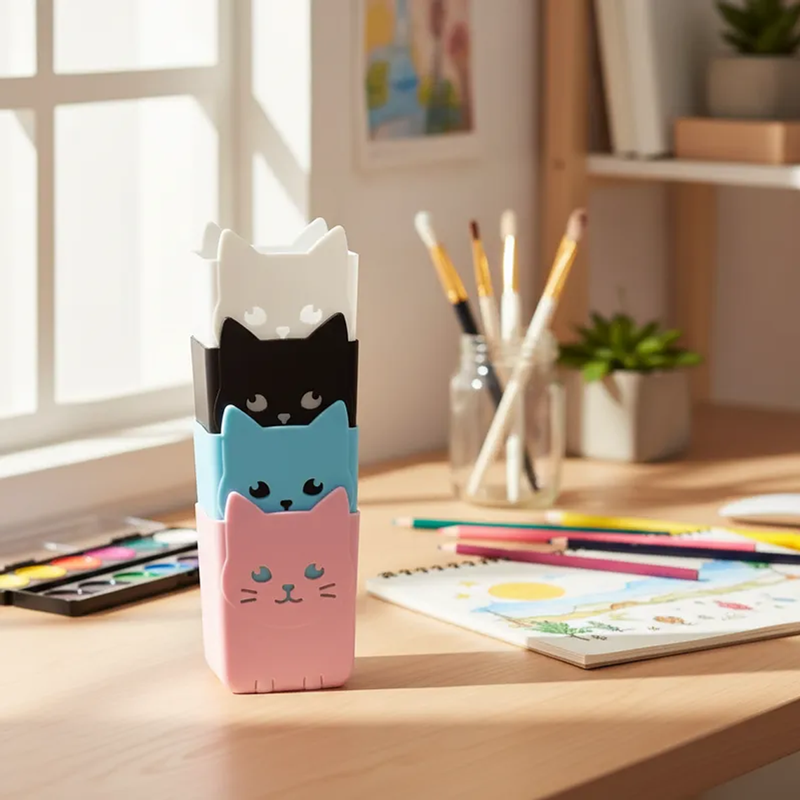 Set x4 Portalápices Organizador Gato Kawaii Colores Surtidos 10.5x15.6cm 3