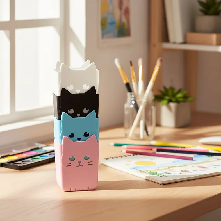 Set x4 Portalápices Organizador Gato Kawaii Colores Surtidos 10.5x15.6cm 3