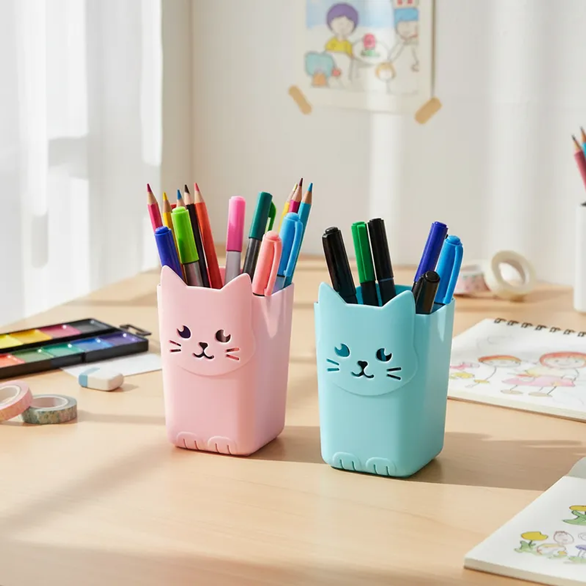 Set x4 Portalápices Organizador Gato Kawaii Colores Surtidos 10.5x15.6cm 4