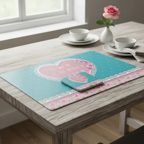 Set 6 Individuales y 6 Posavasos Corazones 27.5x42cm