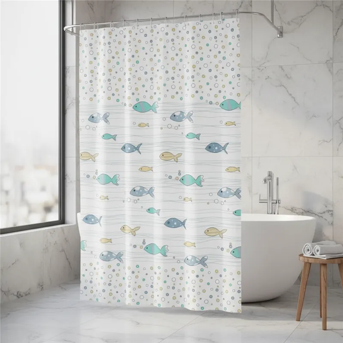 Cortina De Ducha De Peva Con Estampado De Peces 180x180 Cm 1