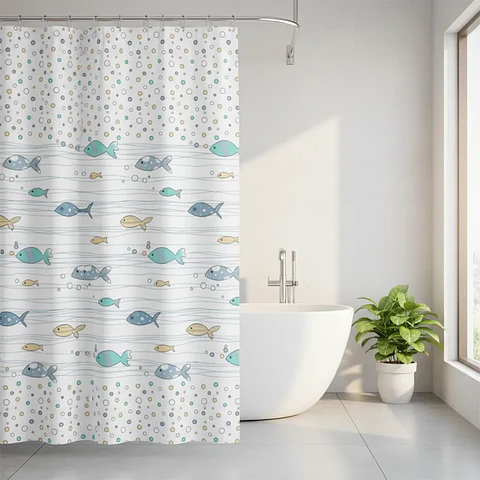 Cortina De Ducha De Peva Con Estampado De Peces 180x180 Cm