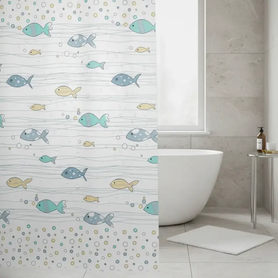 Cortina De Ducha De Peva Con Estampado De Peces 180x180 Cm 4