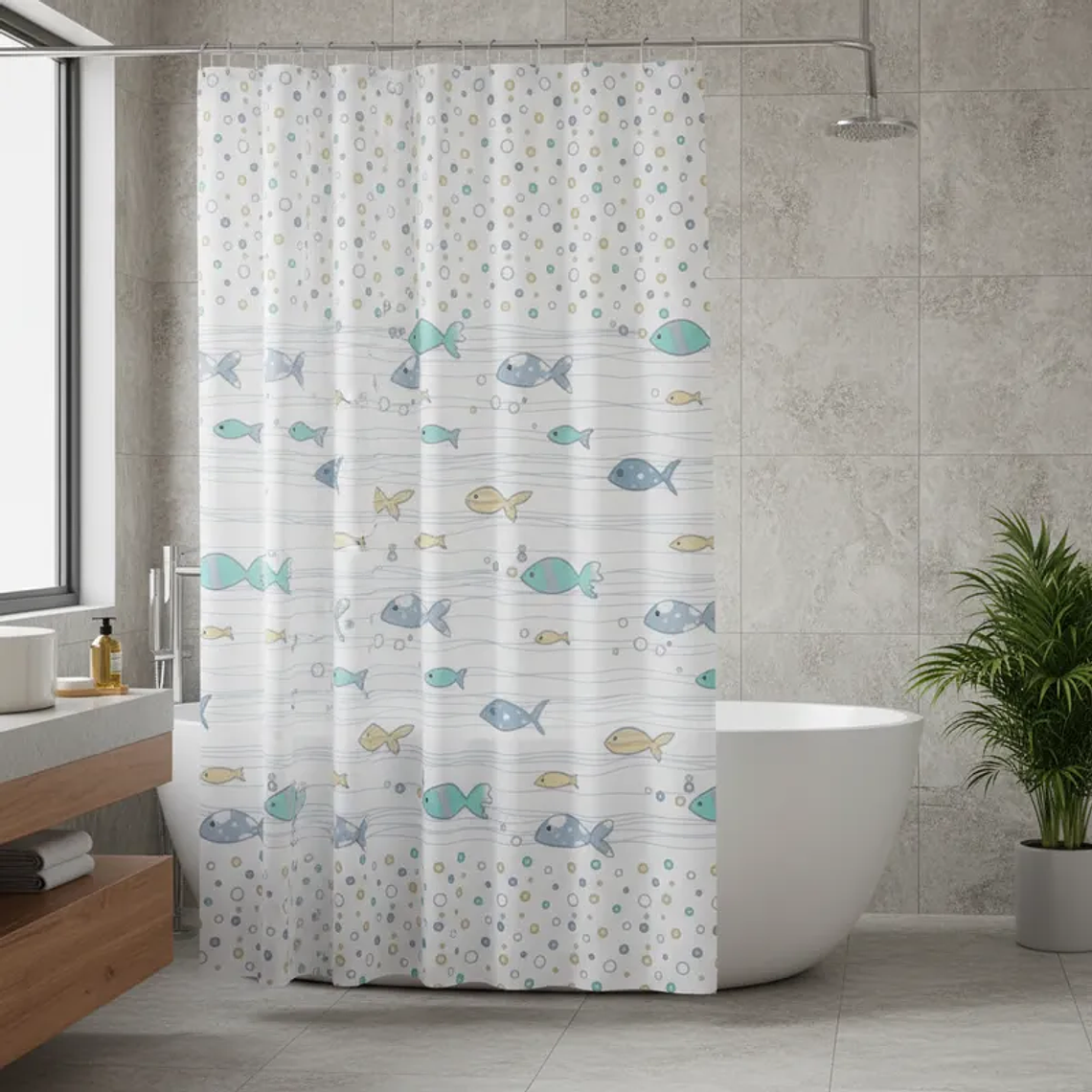 Cortina De Ducha De Peva Con Estampado De Peces 180x180 Cm 5