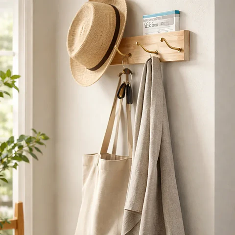 Perchero De Pared Madera 60cm Con 5 Ganchos Metálicos