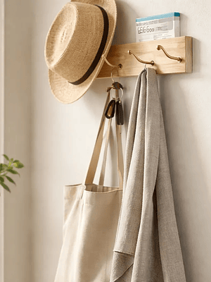 Perchero De Pared Madera 60cm Con 5 Ganchos Metálicos