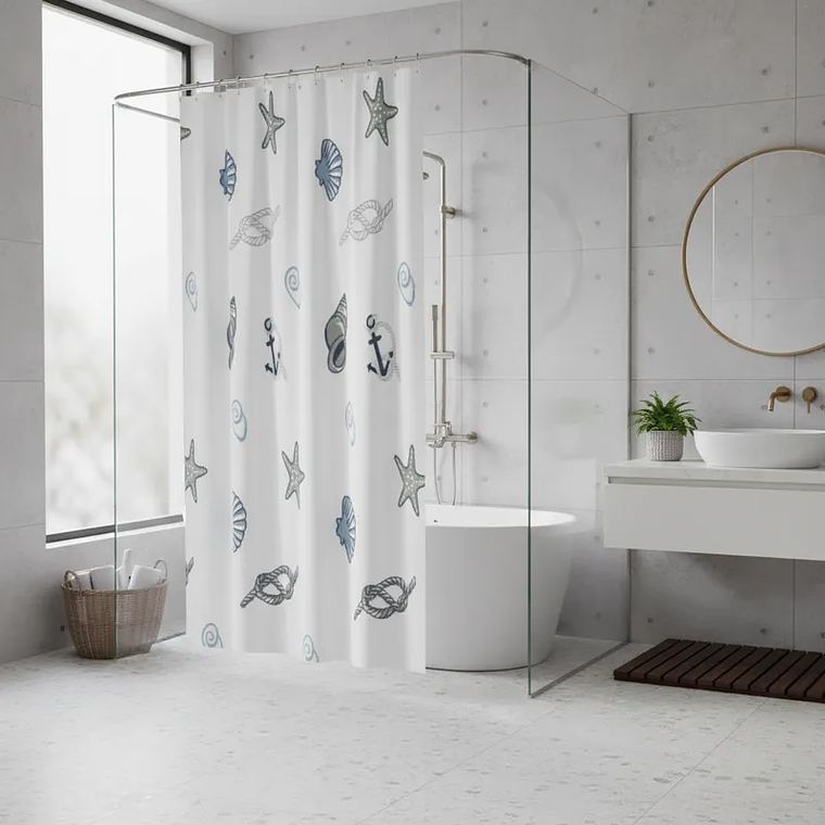 Cortina De Ducha Con Estampado De Conchas Y Estrellas De Mar 4