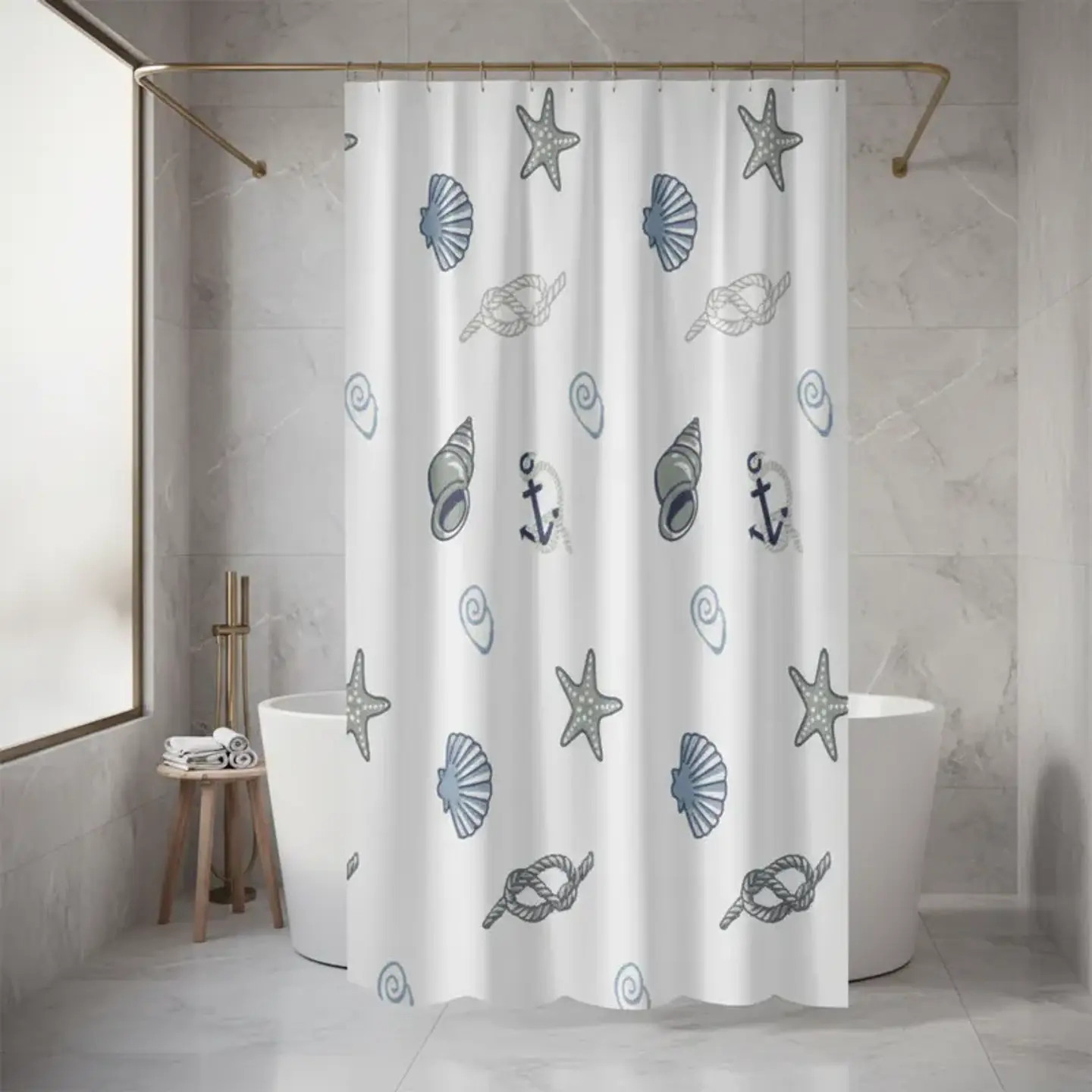 Cortina De Ducha Con Estampado De Conchas Y Estrellas De Mar 1