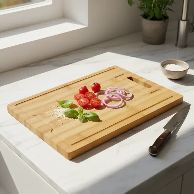 Tabla De Cortar Bambú 38x28 Cm Con Asa Y Canaleta 1