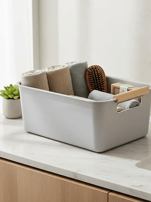 Caja Organizadora Plástica Con Asas De Madera 24.5x17x10 Cm