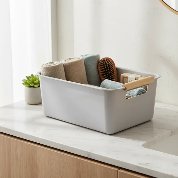 Caja Organizadora Plástica Con Asas De Madera 24.5x17x10 Cm 2