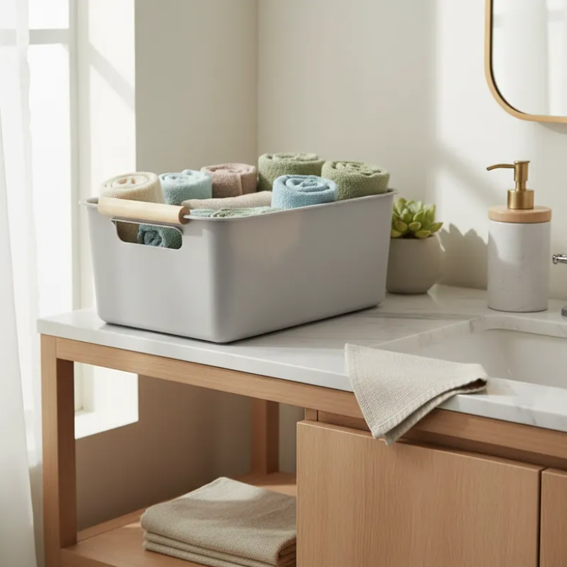 Caja Organizadora Plástica Con Asas De Madera 24.5x17x10 Cm 3