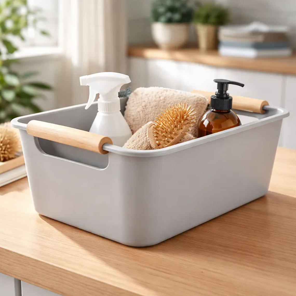 Caja Organizadora Plástica Con Asas De Madera 24.5x17x10 Cm 1