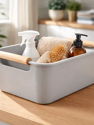 Caja Organizadora Plástica Con Asas De Madera 24.5x17x10 Cm