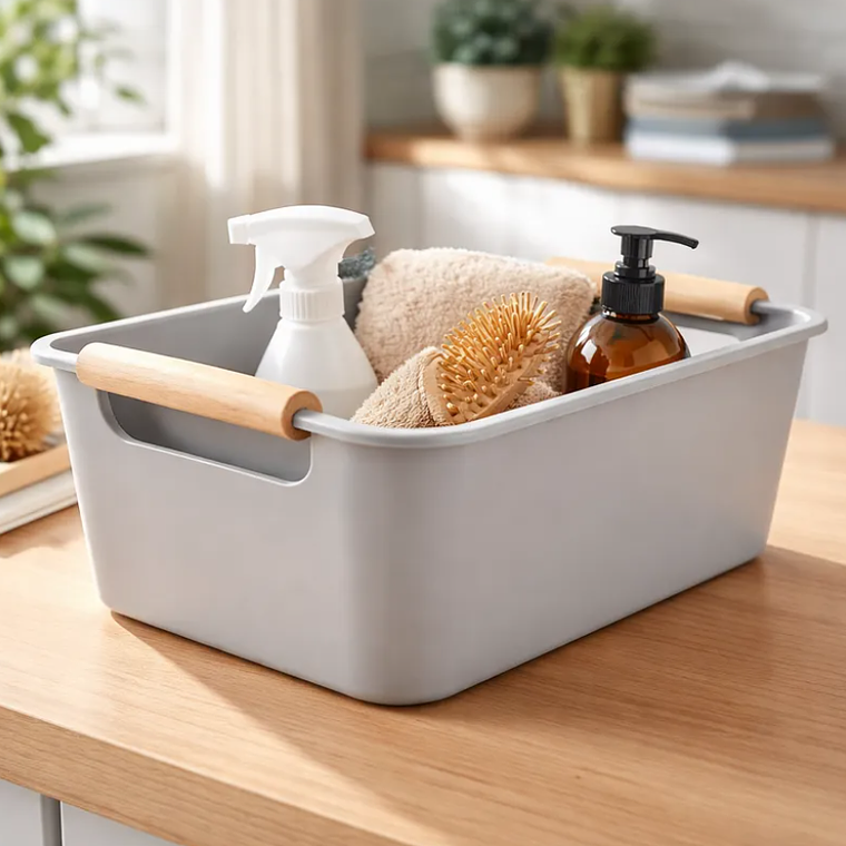 Caja Organizadora Plástica Con Asas De Madera 24.5x17x10 Cm 1