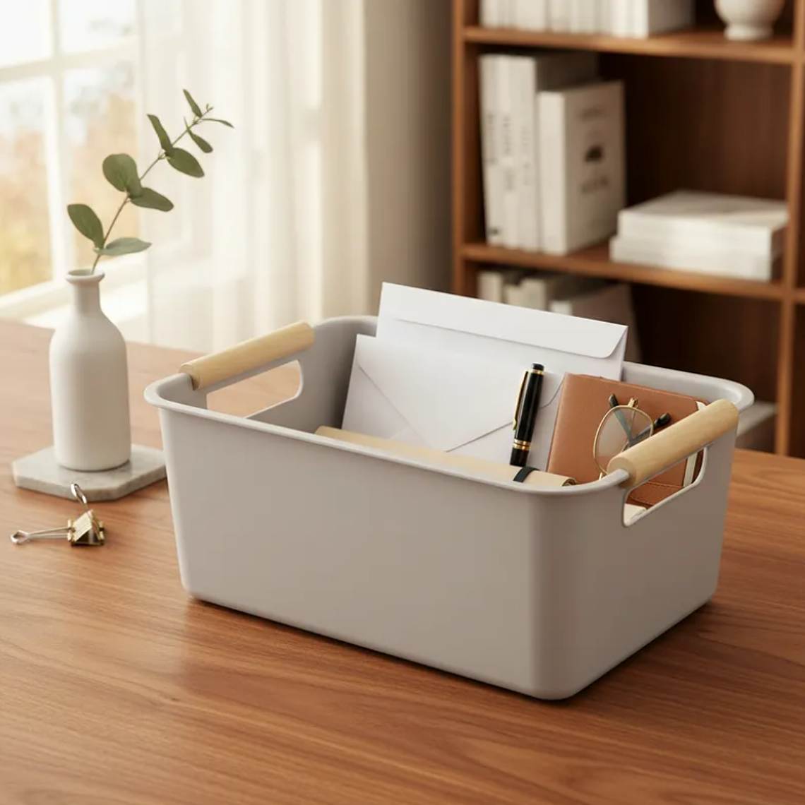 Caja Organizadora Plástica Con Asas De Madera 24.5x17x10 Cm 4