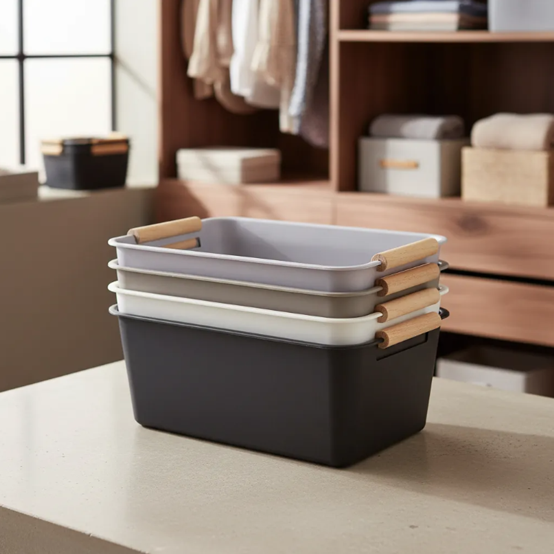 Caja Organizadora Plástica Con Asas De Madera 24.5x17x10 Cm 5