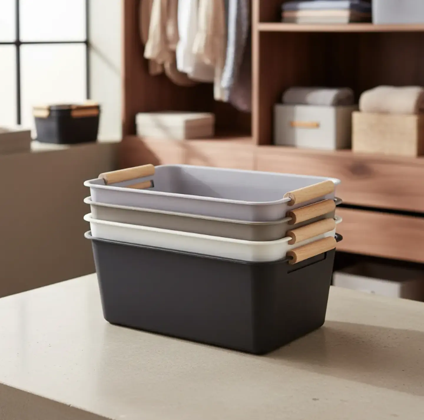 Caja Organizadora Plástica Con Asas De Madera 24.5x17x10 Cm 5
