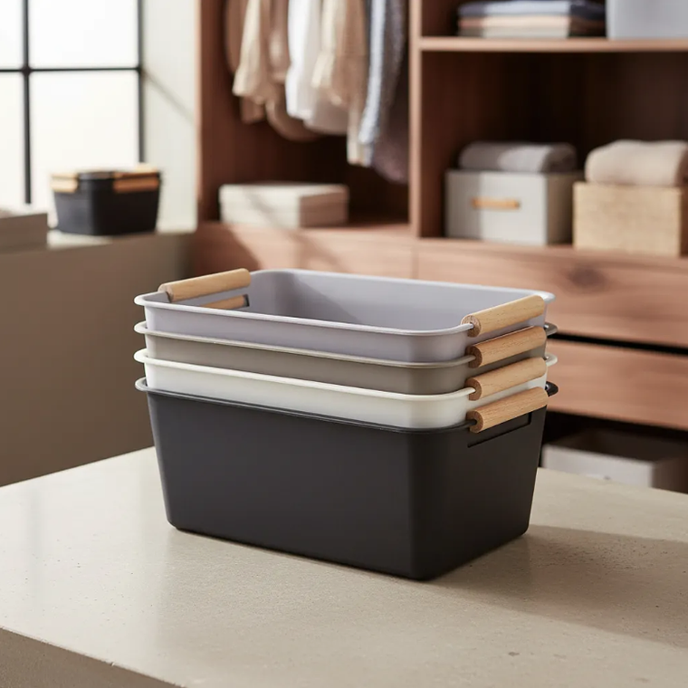 Caja Organizadora Plástica Con Asas De Madera 24.5x17x10 Cm 5