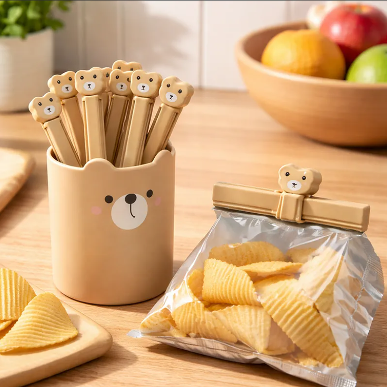 Set De Pinzas Para Sellar Bolsas Con Vaso De Oso Kawaii 4