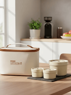 Set Lonchera Térmica con 4 Contenedores Redondos Beige