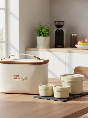 Set Lonchera Térmica con 4 Contenedores Redondos Beige