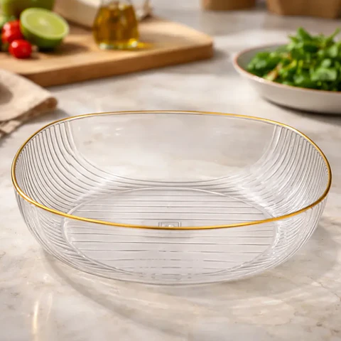 Fuente Ensaladera Plástico Acanalado Borde Dorado 17cm 