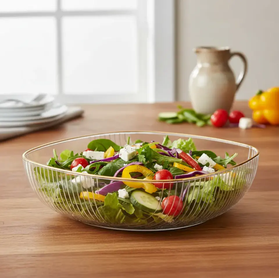 Fuente Ensaladera Plástico Acanalado Borde Dorado 14.5cm 6