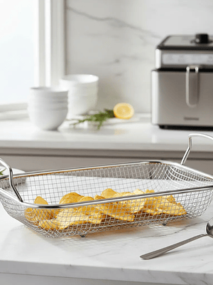 Canasto Freidora Rectangular De Acero Inoxidable Con Asas