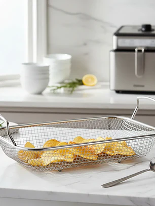 Canasto Freidora Rectangular De Acero Inoxidable Con Asas