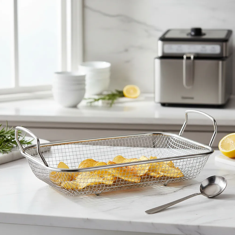 Canasto Freidora Rectangular De Acero Inoxidable Con Asas 2