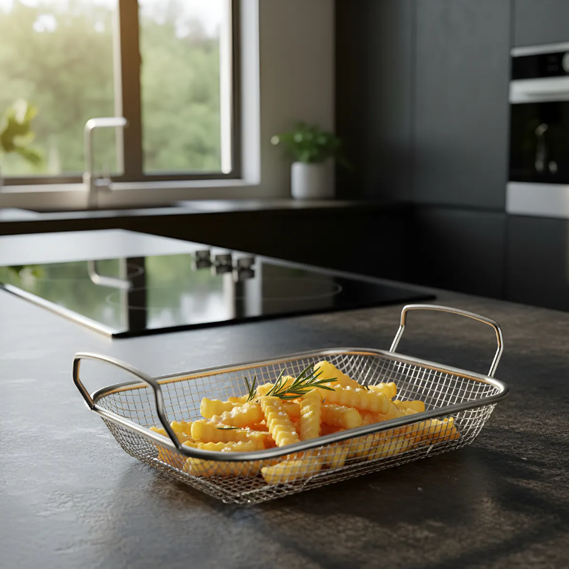 Canasto Freidora Rectangular De Acero Inoxidable Con Asas 4