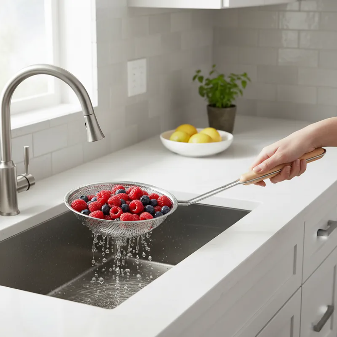 Colador Espumadera Acero Inoxidable Mango Madera Frituras 18cm 1