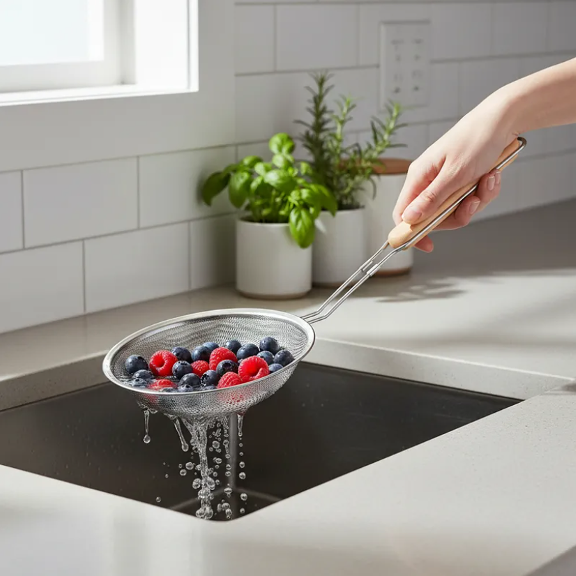 Colador Espumadera Acero Inoxidable Mango Madera Frituras 18cm 5